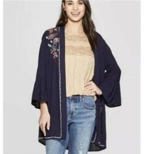 Knox Rose Boho Paisley Embroidered Open Front Cardigan Navy Blue Size XL
